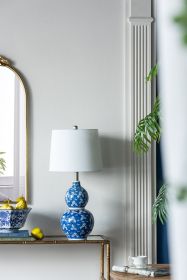 D13x25.7" Blue and White Round Two-Tiered Ceramic Vase Lamp