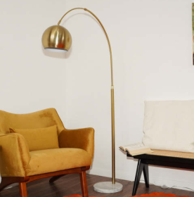 Oasis Long Arm Gold Brass Adjustable Floor Lamp With Round White Marble Base (Color: Gold)